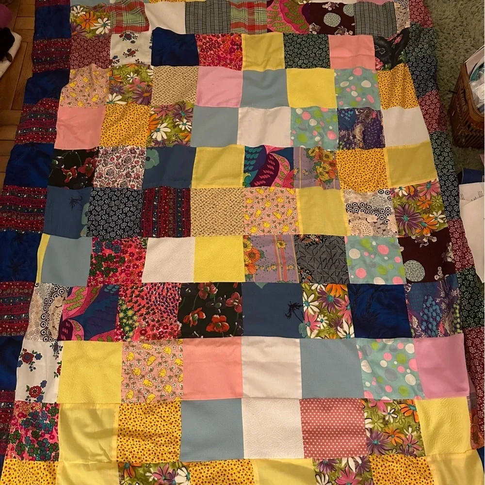 Colorful 60’s 70’s style handmade patchwork quilt blanket throw size twin